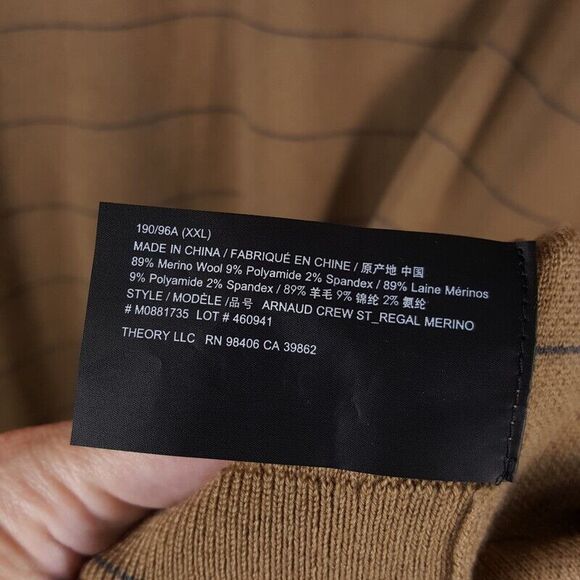 THEORY Mens Sweater XXL Tan Pullover Crew Stripe Merino Wool ARNAUD $285 - Picture 5 of 8